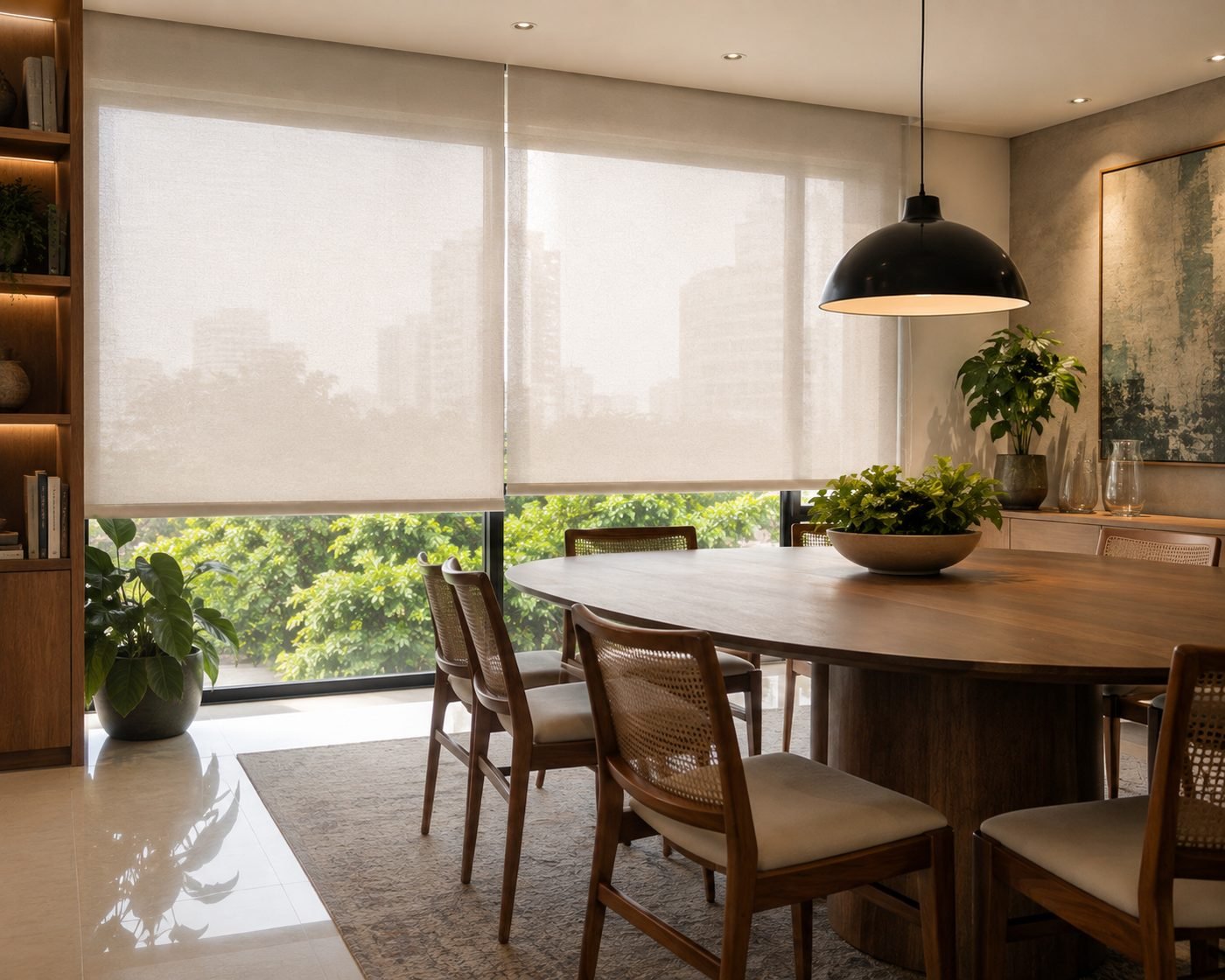 Sala de jantar com mesa de madeira e cortina rolô screen filtrando a luz da cidade