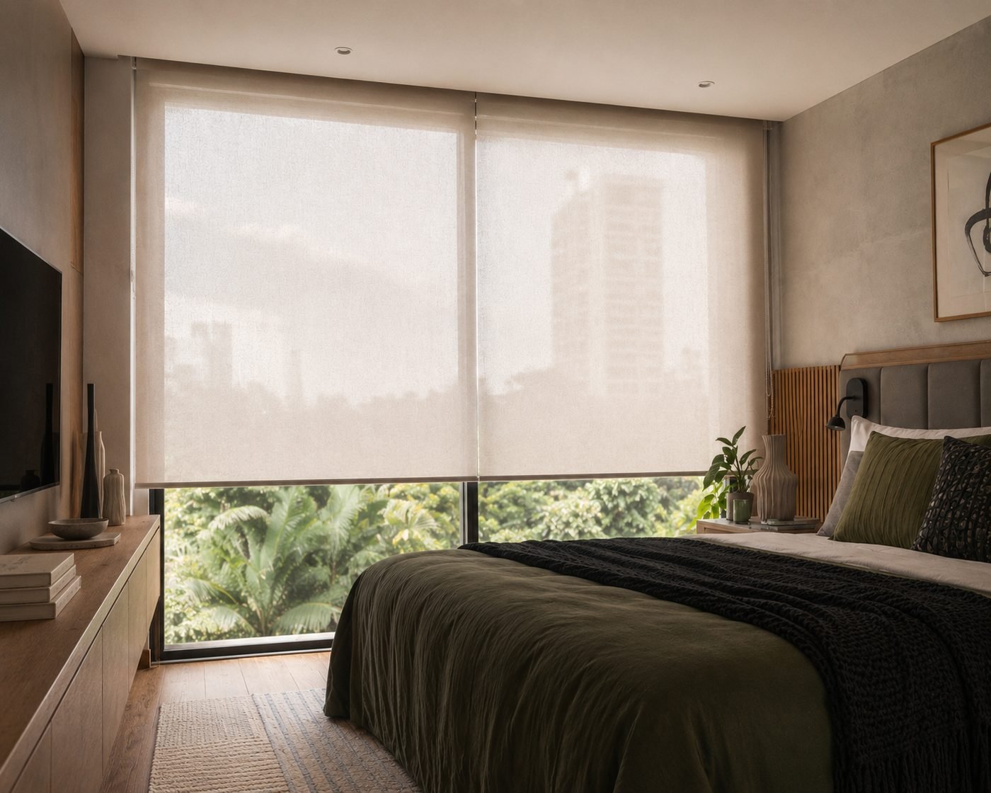 Living amplo com cortina wave clara cobrindo painéis de vidro do piso ao teto, projeto da LR Cortinas